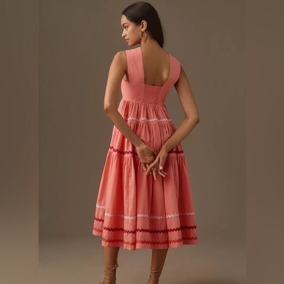 Anthropologie Helena Square-Neck Tiered Midi Dress: Smocked Scallop Edition NWT - Picture 3 of 9